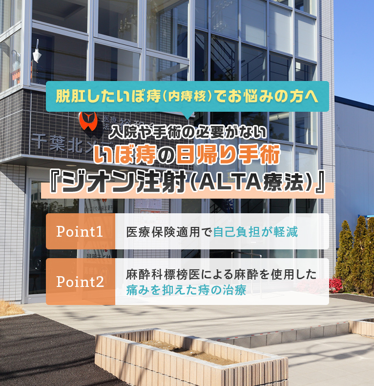 脱肛したいぼ痔（内痔核）でお悩みの方へ　入院や手術の必要がないいぼ痔の日帰り手術『ジオン注射（ALTA療法）』